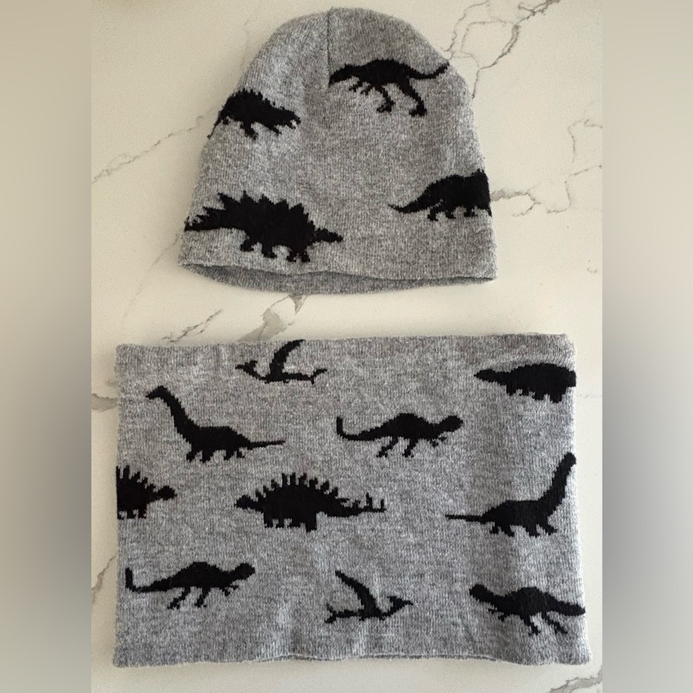Gray Dinosaur Beanie and Scarf Set for Kids